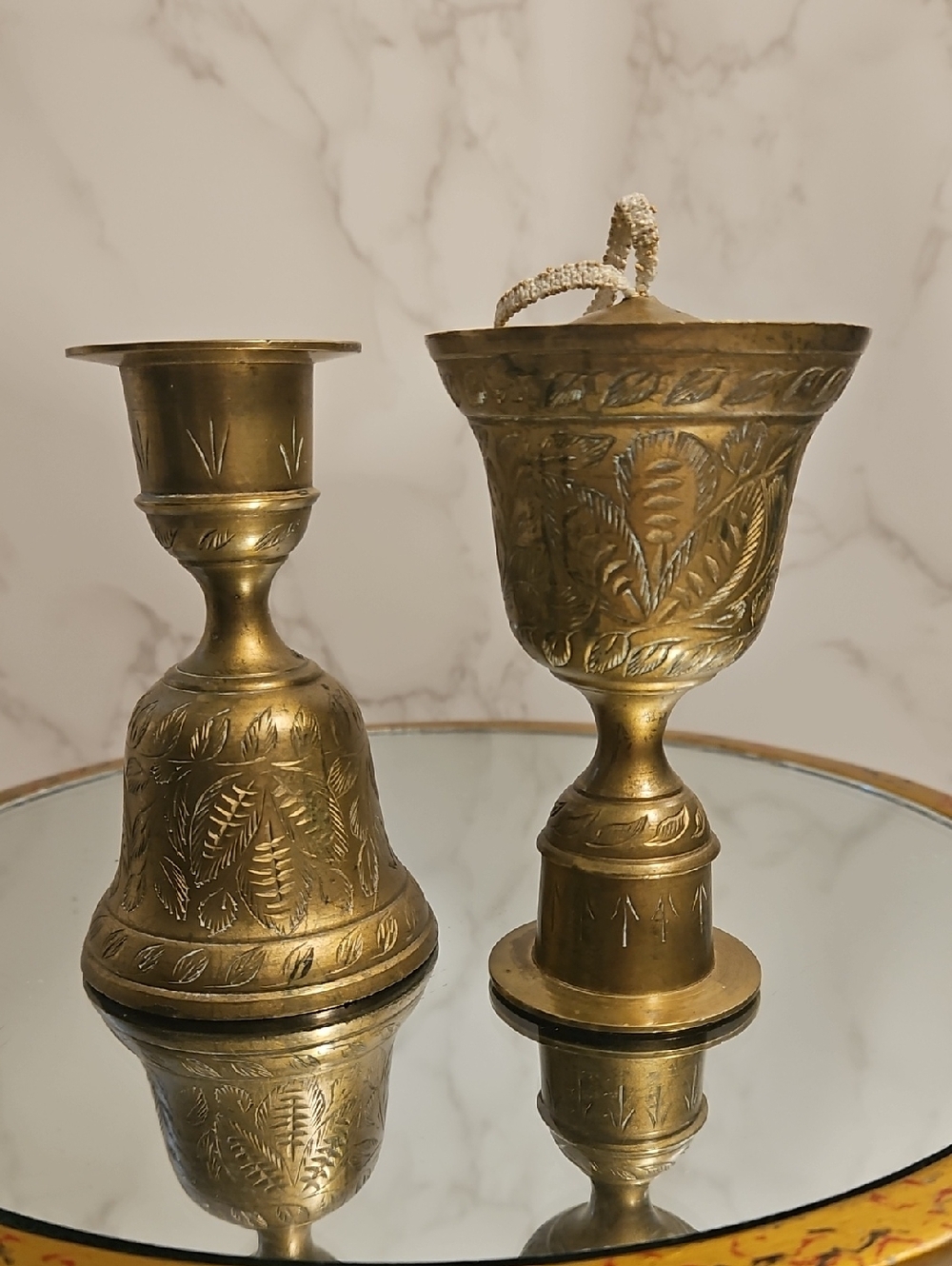 Vintage India Brass Candle Holders, Bells, Cymbals Bells Of Sarna